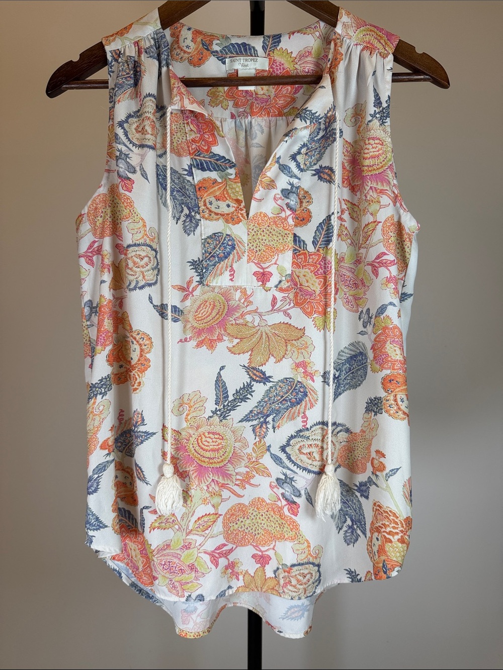 Saint Tropez West Floral Sleeveless Tassel Blouse | Size S
